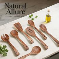 Ensemble de 10 ustensiles de cuisine en bois d'acacia à long manche – Cuillères, spatules, support de rangement – Écologique, antiadhésif, compatible micro-ondes et lave-vaisselle