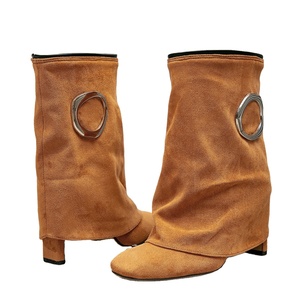 Femmes rétro <span class=keywords><strong>Camel</strong></span> métal anneau Chelsea bottes mode élégante talon épais bout carré conception pour l'hiver transfrontalier sur pour Amazon - Product Image 1