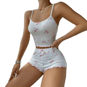 <span class=keywords><strong>Pigiama</strong></span> <span class=keywords><strong>Estivo</strong></span> da <span class=keywords><strong>Donna</strong></span> <span class=keywords><strong>Taglie</strong></span> <span class=keywords><strong>Forti</strong></span> con Stampa Ciliegie e Fiocco, Personalizzabile con Logo, Pantaloncini Casual con Elastico in Vita, Vendita Calda - Product Image 3