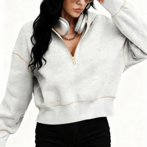 <span class=keywords><strong>Sweat</strong></span>-shirt décontracté à capuche pour <span class=keywords><strong>femme</strong></span>, manches longues, demi-zip, veste courte, 100 % polyester, automne-hiver - Product Image 5