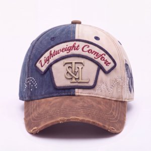 Gorra de béisbol de 6 paneles de mezclilla lavada con aplique de pedrería plateada brillante HF y bordado de letras comunes, con logotipo personalizado, al por mayor - Product Image 2