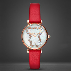 Reloj de cuarzo redondo de oro rosa para mujer, correa de cuero roja, esfera analógica, diseño de oso de dibujos animados con diamantes de imitación, 30 mm - Product Image 1