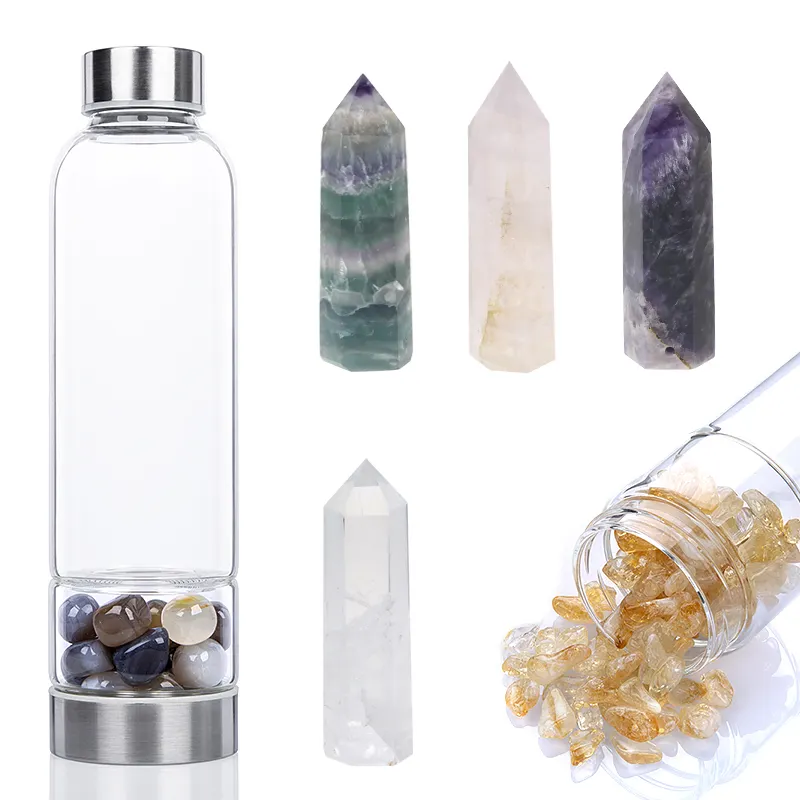 Garrafa de água de vidro de quartzo, cascalho natural, semi-precioso, pedra, energia