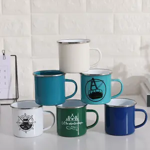 Harga Murah Logo Kustom Percetakan Gulungan Rim 12Oz Putih Berkemah Logam Baja Cangkir Kopi Bir Enamel Mug