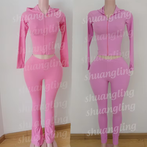 カスタムロゴカジュアル秋2ピースセットフィットネススポーツトラックスーツカラーブロックパーカーニットスウェットフレアパンツスーツ女性用 - Product Image 6