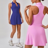 Robe de tennis athlétique pour femme, douce, très élastique, col polo, demi-zip, jupe de tennis avec short intégré, col polo très extensible