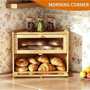 Armoire de rangement pour pain en bambou à 2 niveaux avec porte en verre, organisateur alimentaire de cuisine, couleur naturelle - Product Image 4