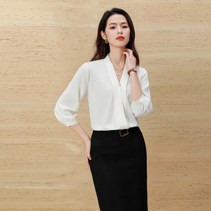 Maroon Chiffon Blouse Three Quarter Sleeve V Neck Korean Style Office Wear Women's Top Midi Skirt Set Simple Fashion - Product Image 2