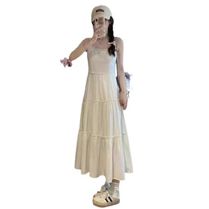 French Style Sweet Patchwork Suspender Dress Women Summer Beach Vacation Midi Length Square Neck Tight Waist Solid Color - Product Image 5