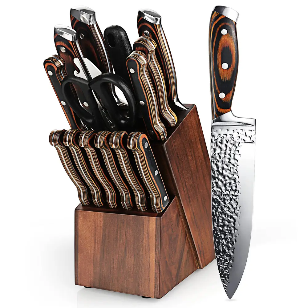Ensemble de couteaux de cuisine japonais, ensemble de 14 pièces, ciseaux de couteaux de chef de cuisine en acier inoxydable avec bloc en bois