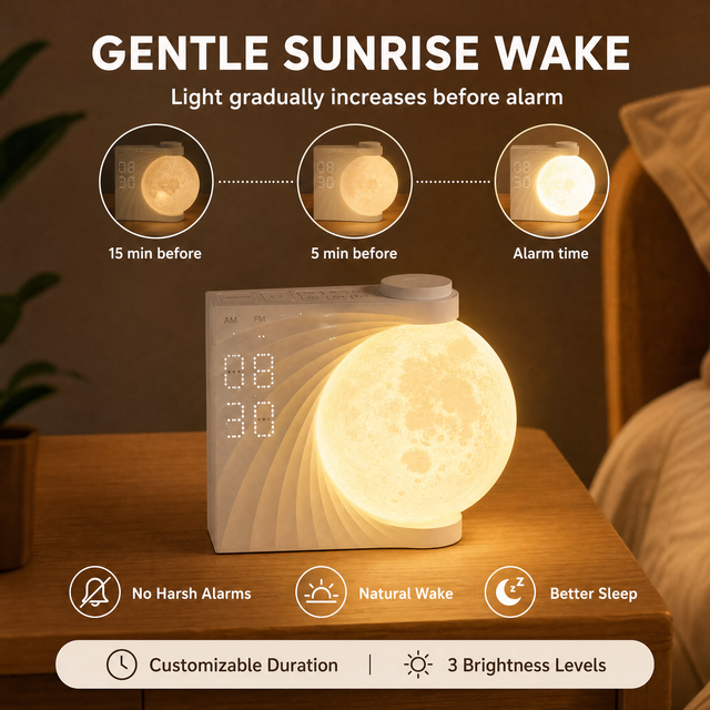 Sunrise Alarm Clock with Moon Lamp Wake up Light 10 Nature Sounds Dual Alarm RGB Colors Touch Control Bedside Alarm Clock