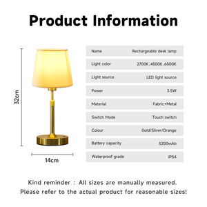 Lampu Meja Modern Emas Kuningan Baterai Isi Ulang Restoran LED Tanpa Kabel Kap Lampu Kain E27 Lampu LED Gaya Pedesaan - Product Image 2