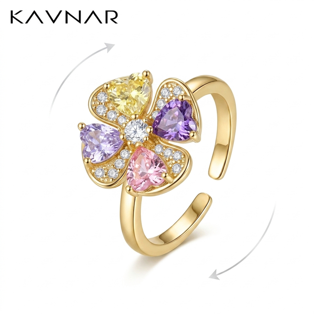 Rings for Women 14K Gold Plated Brass Rotating Clover Multicolor CZ Adjustable Nickel-Free Party Gift Wholesale OEM