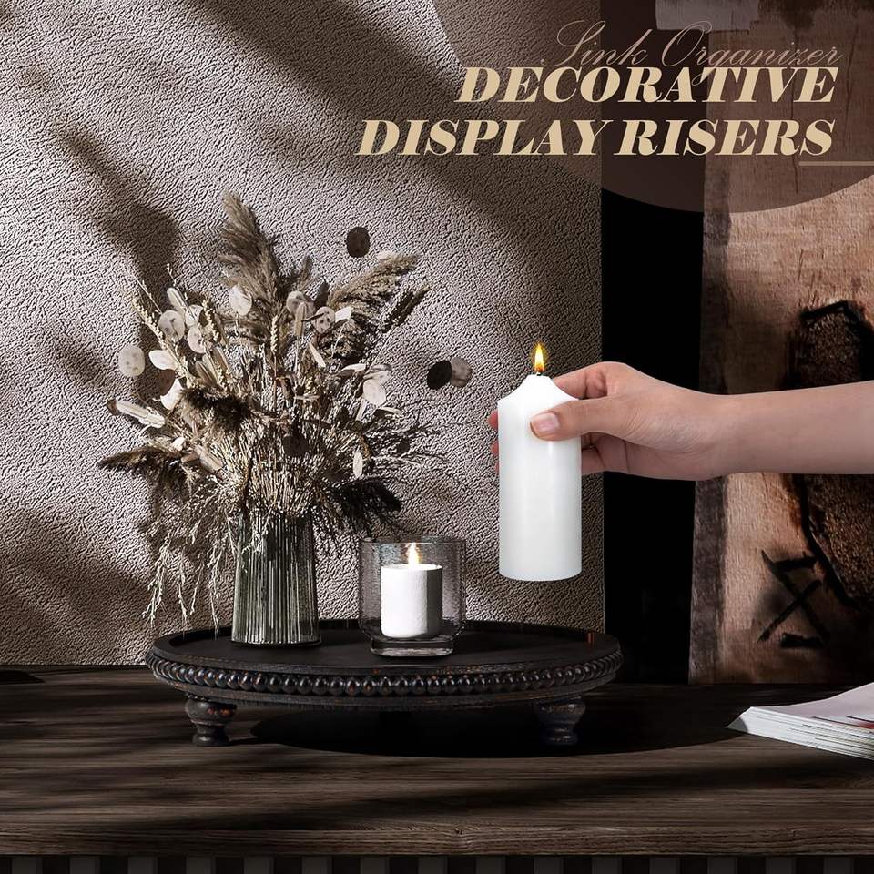 Counter Riser Round Rustic Round Pine Wooden Display Riser Beaded Pedestal Stand for Decor ...