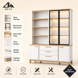 <span class=keywords><strong>Armoire</strong></span> de rangement combinée blanc et chêne avec portes vitrées, tiroirs et étagères ouvertes pour chambre à coucher, en kit - Product Image 1