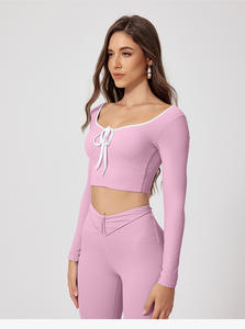 Logo personalizzato girocollo nudo sensazione allenamento <span class=keywords><strong>Yoga</strong></span> set Activewear abbigliamento sportivo con lacci manica lunga a vita alta da donna set da palestra - Product Image 2