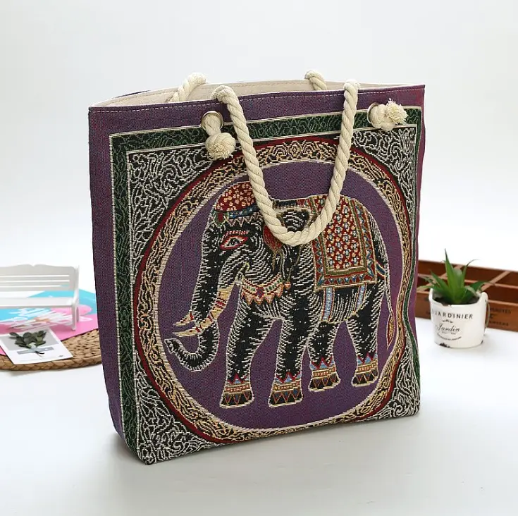 Bolsa para praia de algodão da tailândia, elefante bordado de lona