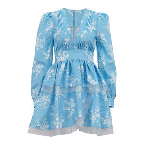 ชุดเดรสแฟชั่นแขนยาวพิมพ์ลายคอวีจับจีบสำหรับผู้หญิง - Product Image 5