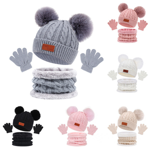<span class=keywords><strong>Bonnet</strong></span> d'hiver en coton tricoté pour tout-petits pour enfants, ensemble de <span class=keywords><strong>bonnet</strong></span> à boules de poils pour enfants, 3 pièces, vente en gros - Product Image 2