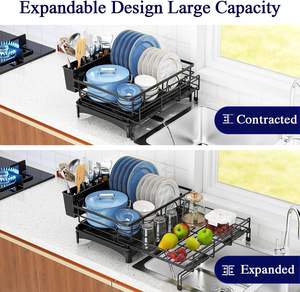 <span class=keywords><strong>Escurridor</strong></span> <span class=keywords><strong>de</strong></span> <span class=keywords><strong>Platos</strong></span> Extra Ancho y Extensible con Bandeja para Cubiertos, Resistente al Óxido, Color Negro, para Fregadero y Encimera - Product Image 4