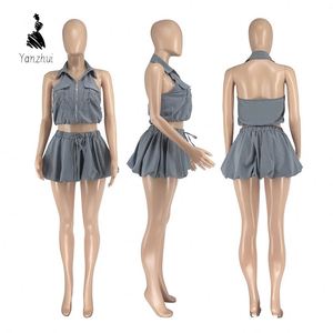 YZ 2026 Sommer Neckholder Rückenfreies Reißverschluss 2-Teiliges Club-Outfit Damen Crop Top & Bubble Skort Schicker Street-Style Passender Anzug - Product Image 3