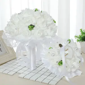 Custom Design Artificial Flower Holding Bridal Bouquets Ribbon PE Flower Bouquet Wedding Rose Flower