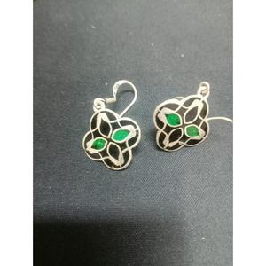 Pendientes colgantes vintage de plata de ley 925 con trébol de ónix verde y esmalte para mujer, hechos a mano, estilo étnico, para uso diario, venta al por mayor - Product Image 1