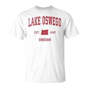 Camiseta con estampado rojo vintage de Lake Oswego Oregon, establecida en 1847 - Product Image 1