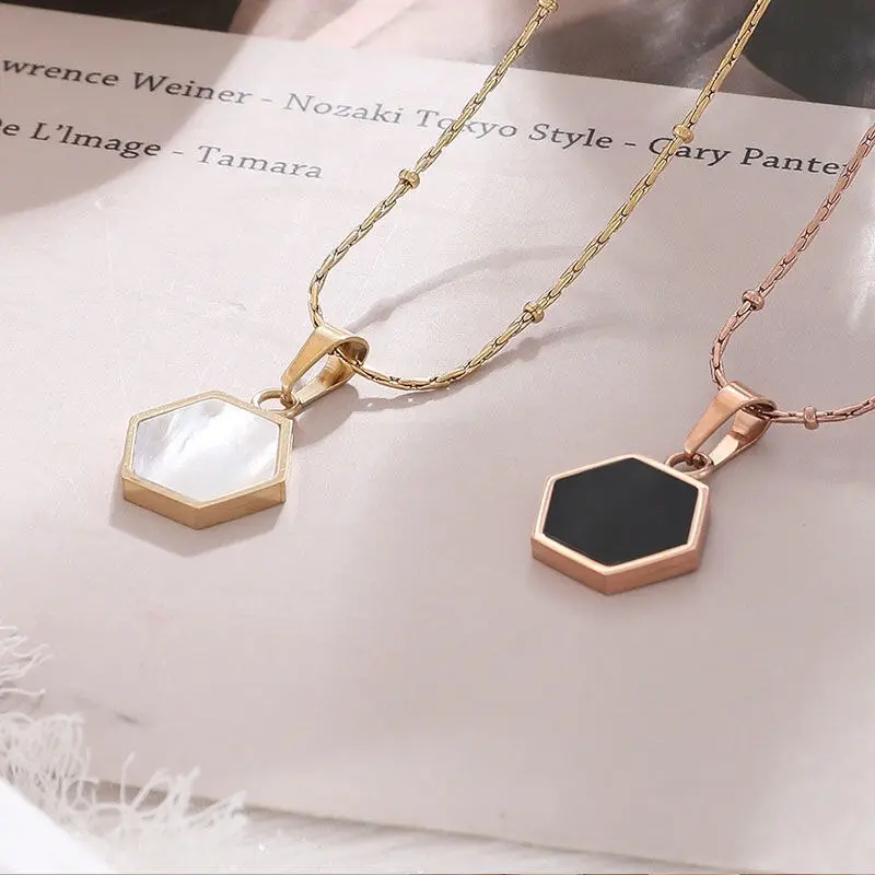 custom hexagon inlay shell pendant choker stainless steel necklace for women