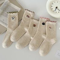 Chaussettes mi-mollet tendance version coréenne pour femmes Printemps Automne Style universitaire Mignon motif de chat de dessin animé Bord festonné Polyester