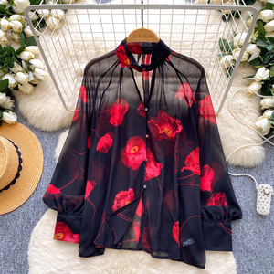 Blus Kasual Wanita Lengan Panjang Kerah Tinggi Bahan Mesh, Kemeja Polos Wanita, Atasan Manis Wanita, Pakaian Wanita Grosir - Product Image 3