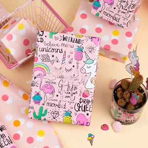 Papel de Regalo Rosa con Unicornio, Flamenco y Arcoíris, Papel Especial de Doble Cara para Manualidades de Cumpleaños - Product Image 1