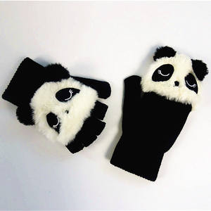 Winter Warme Handschoenen Met Flip-Top Dierenpandahandschoenen Pluche Halve Vingerhandschoenen - Product Image 4