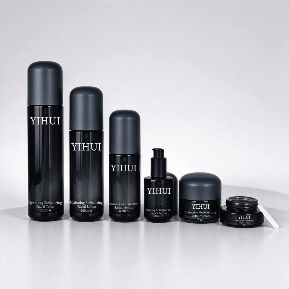 Square Flat Glass Cosmetic Bottle and Jar Set Screw Cap Skincare ...