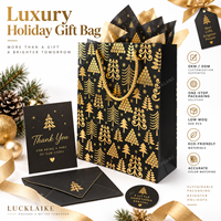 Sacs cadeaux de Noël personnalisés noir et or avec logo, imprimé sapin de Noël doré, poignée en corde, sacs en papier pour les marques festives
