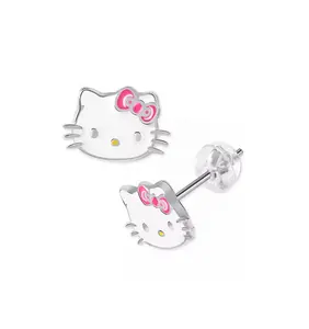 Usine en gros mode Hello Kitty émail boucles d'oreilles en plaqué or 18 carats bijoux boucle d'oreille pour fille en argent sterling 925