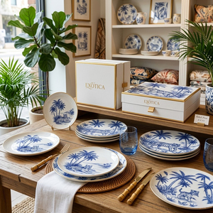 Juego de Vajilla de Cerámica Personalizado al por Mayor, Plato de Porcelana con Diseño de Tigre, Borde Dorado de Lujo, Juego de Vajilla de Porcelana China Blanca y Azul con Diseño de Selva - Product Image 5