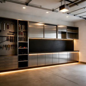 Solution complète d'aménagement intérieur pour garage/atelier industriel moderne avec armoires de rangement métalliques sur mesure, établi et mur porte-outils perforé - Product Image 6