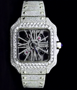 Montre pour homme en acier inoxydable avec verre en moissanite taillée glacée, cadran carré squelette personnalisé fantaisie, entièrement sertie de diamants, idéale pour les soirées - Product Image 1