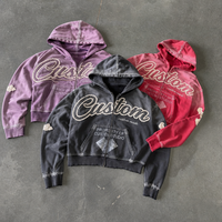 Sweat-shirt vintage personnalisé à capuche zippé, coupe courte, délavé à l'acide, avec patchs et déchirures, vente en gros fabricant