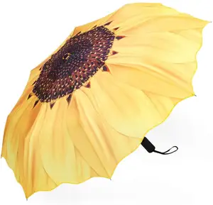 Paraguas plegable automático, a prueba de viento, con patrón de girasol, compacto y ligero, para negocios, viajes, regalo de boda