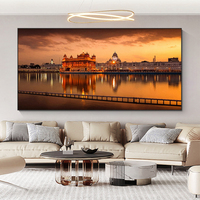 Tableaux muraux religieux indiens : Peinture sur toile Paysage du Temple d'Or Sikh avec cadre – Décoration d'intérieur de luxe