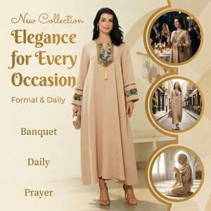 Elegante Vestido Kaftán Árabe Color Albaricoque para Mujer, Jacquard Floral con Borlas, Cuello en V, Estilo Étnico, Maxi Vestido Modesto para Uso Diario - Product Image 5