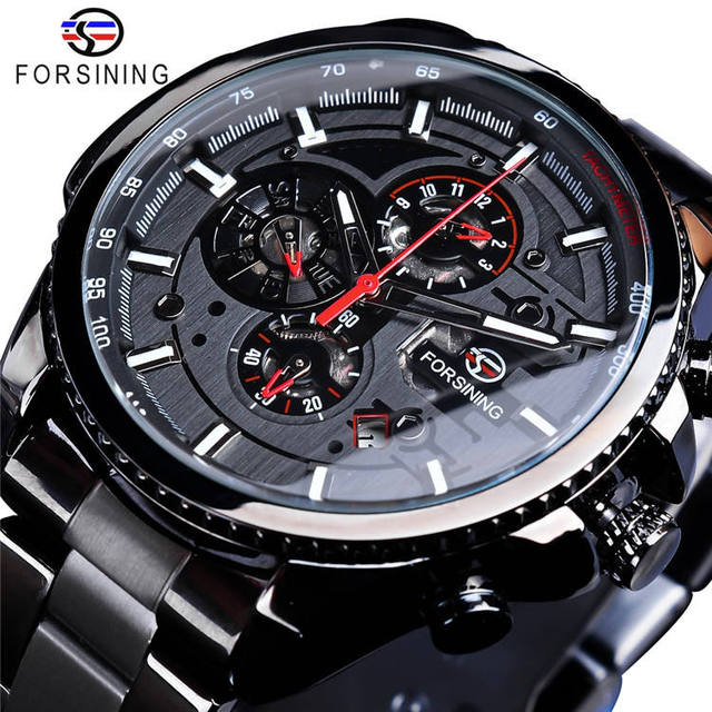 Forsining Three Dial Calendar Stainless Steel Men Mechanical Automatic Wrist Watches Top Brand Luxury Mens Sport Male Clock