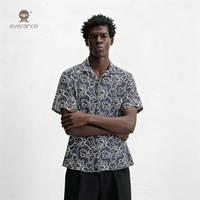 Camisa de Lino Mixto para Hombre Botanical Line 130cm Azul Pizarra Blanco Hueso Estilo Cubano para Vacaciones y Playa