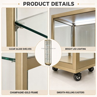 Vitrine de luxe en aluminium doré et verre avec éclairage LED et roulettes pour bijoux, parfums, cosmétiques, vitrine de magasin de détail