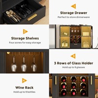 Meuble bar moderne en bois noir avec éclairage LED, prises électriques, portes à battants, rangement pour vin et café pour la maison