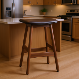 Solid Wood Counter Height Bar <b>Stool</b> Dark Brown Faux <b>Leather</b> Seat Mid Century Modern <b>Kitchen</b> Dining - Product Image 2
