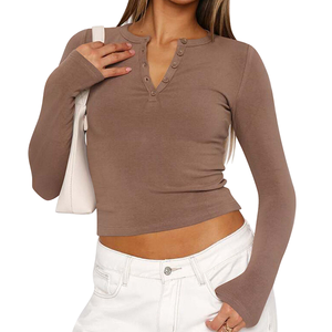 Camiseta deportiva de verano de estilo Vintage para <span class=keywords><strong>mujer</strong></span>, camiseta ajustada Sexy de <span class=keywords><strong>manga</strong></span> larga con cuello de botón Nuevo y diseño informal con cuello en V - Product Image 1