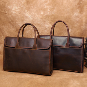 Retro Style Cowhide <b>Briefcase</b> Large Capacity Genuine Leather Business Bag For Men Dark Brown Coffee Color Solid Pattern - Product Image 4